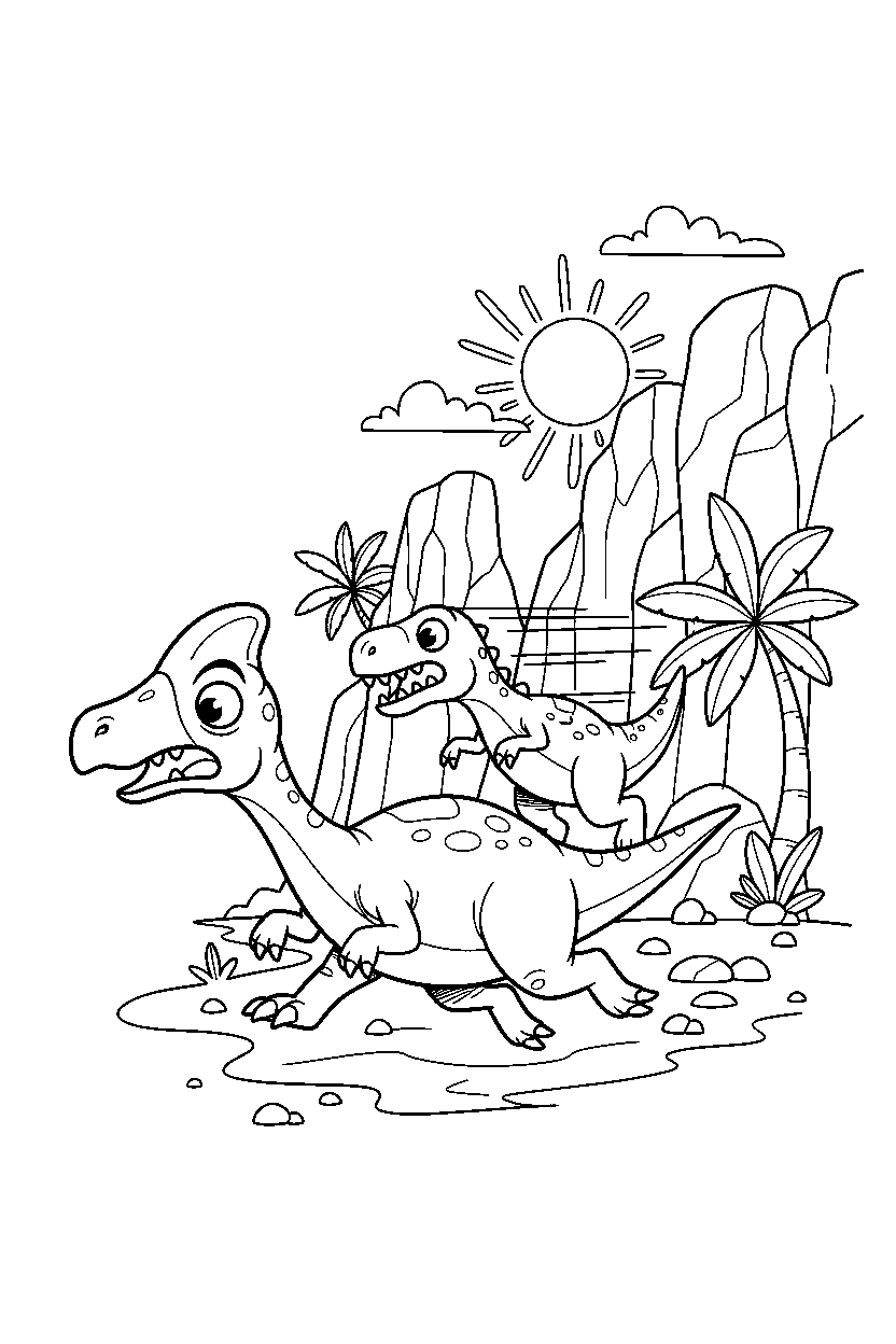 hadrosaurus escaping danger near rocky cliffs line art