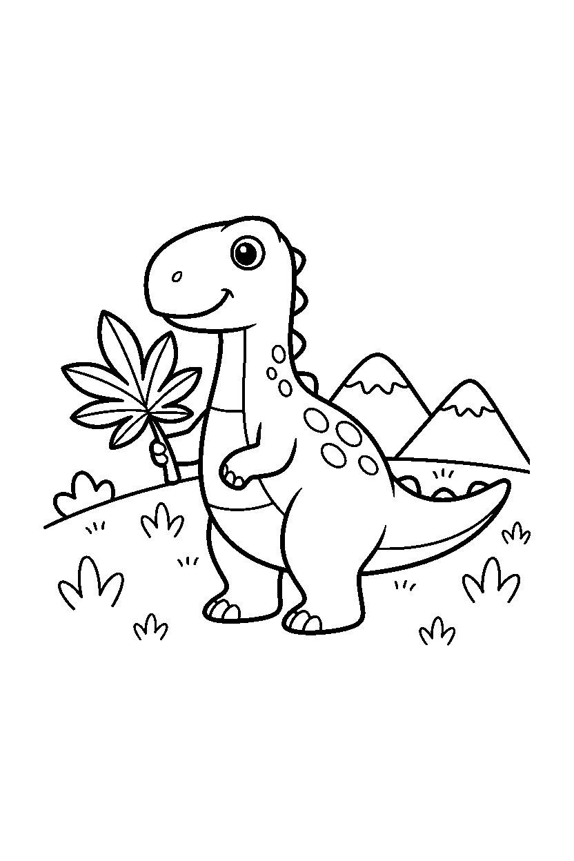 iguanodon dinosaur holding a leaf near a grassy hill line art