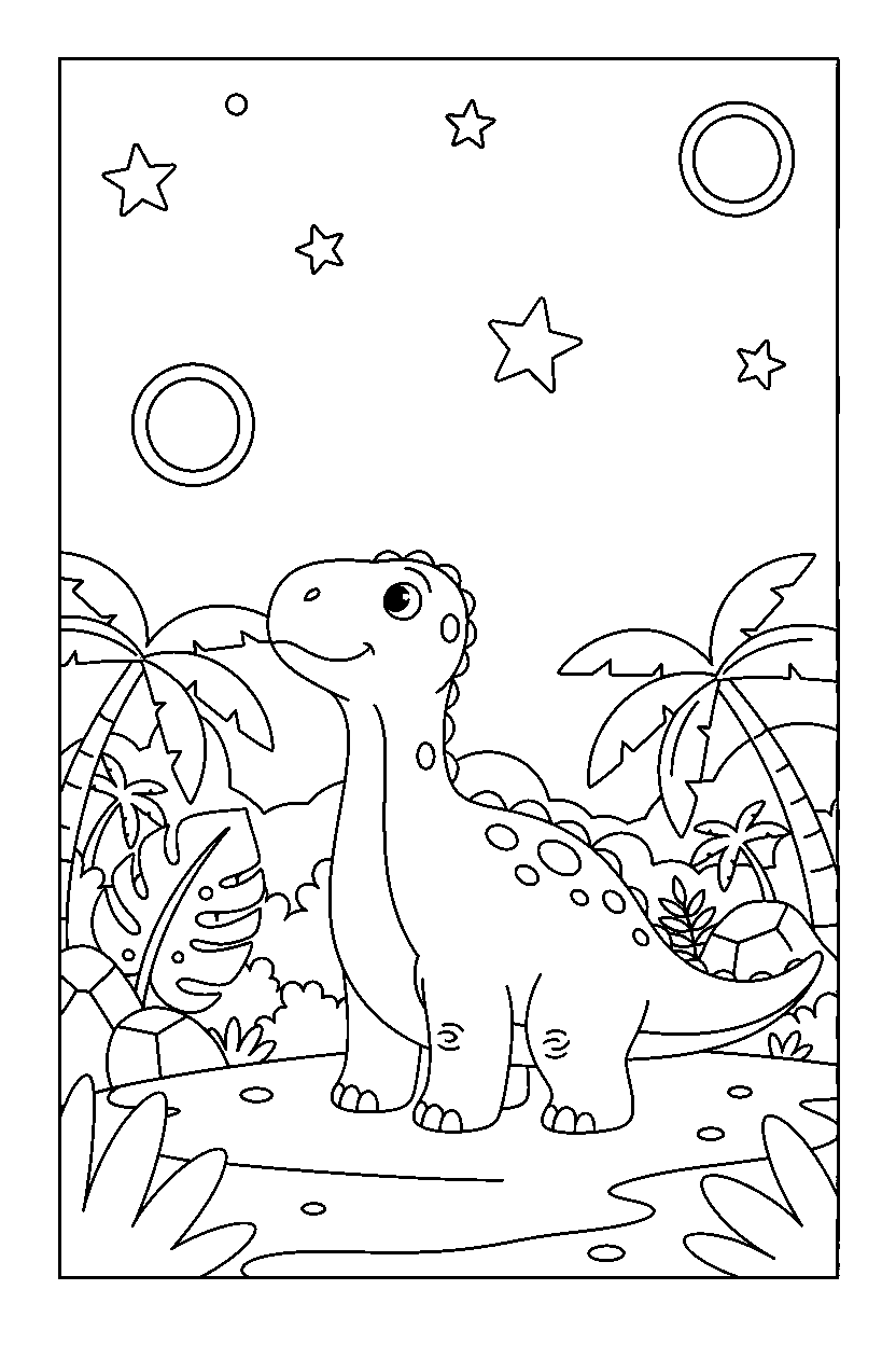 iguanodon dinosaur watching the sky near a jungle clearing line art