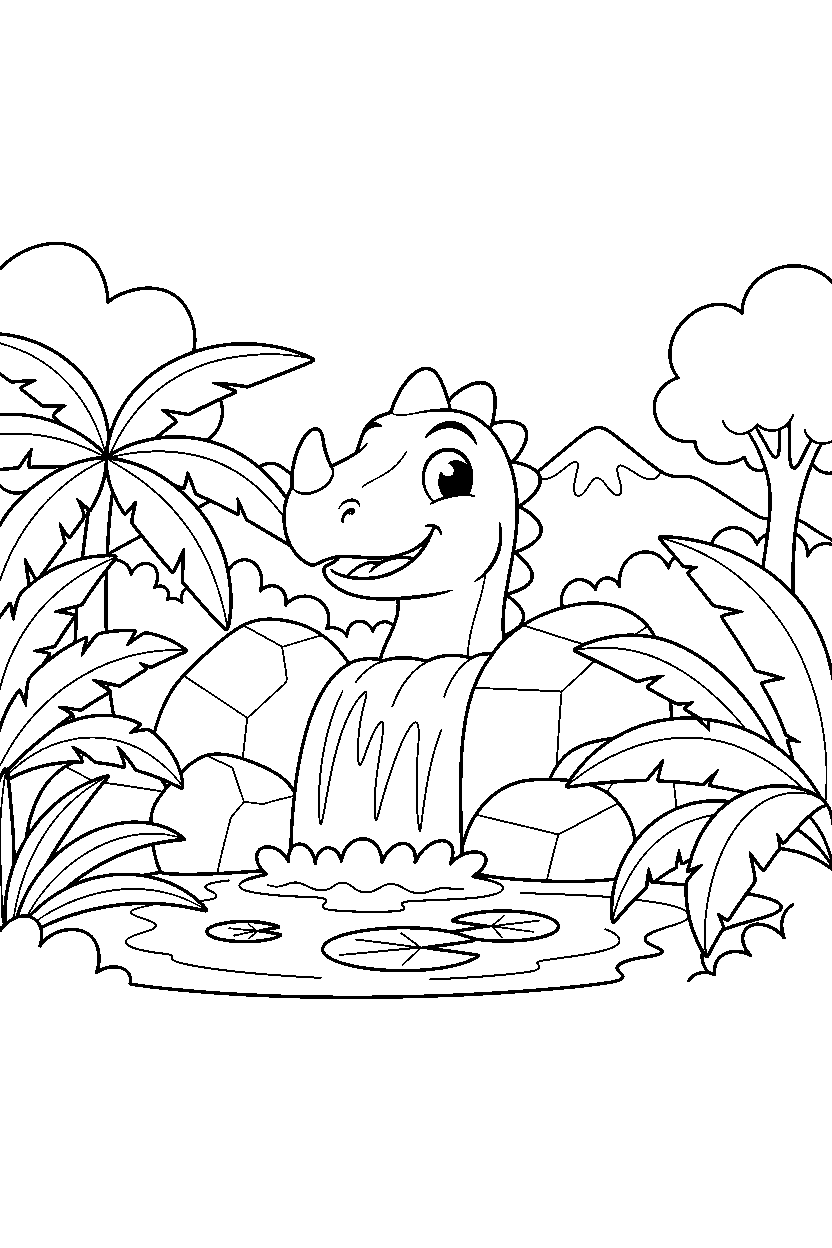 iguanodon hiding playfully near a jungle waterfall line art