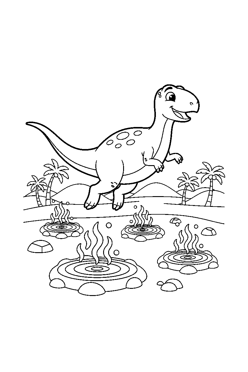 iguanodon jumping playfully near hot springs line art
