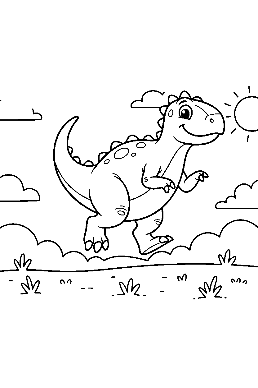 iguanodon jumping playfully on a grassy plain line art