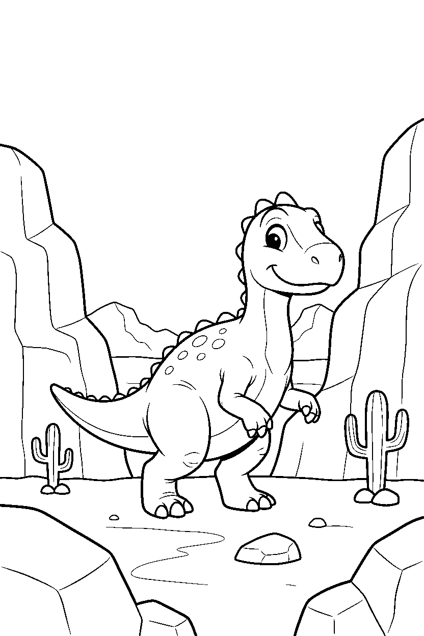 iguanodon wandering curiously near a rocky canyon line art