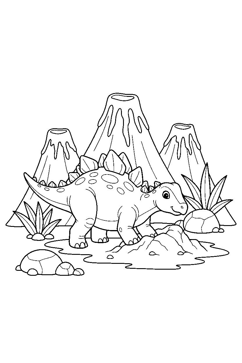 kentrosaurus dinosaur digging the ground near a volcanic field line art