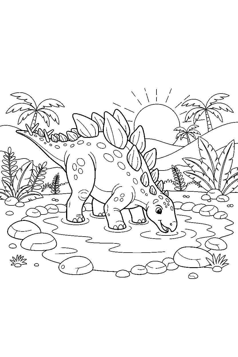 kentrosaurus drinking water in a warm prehistoric valley line art