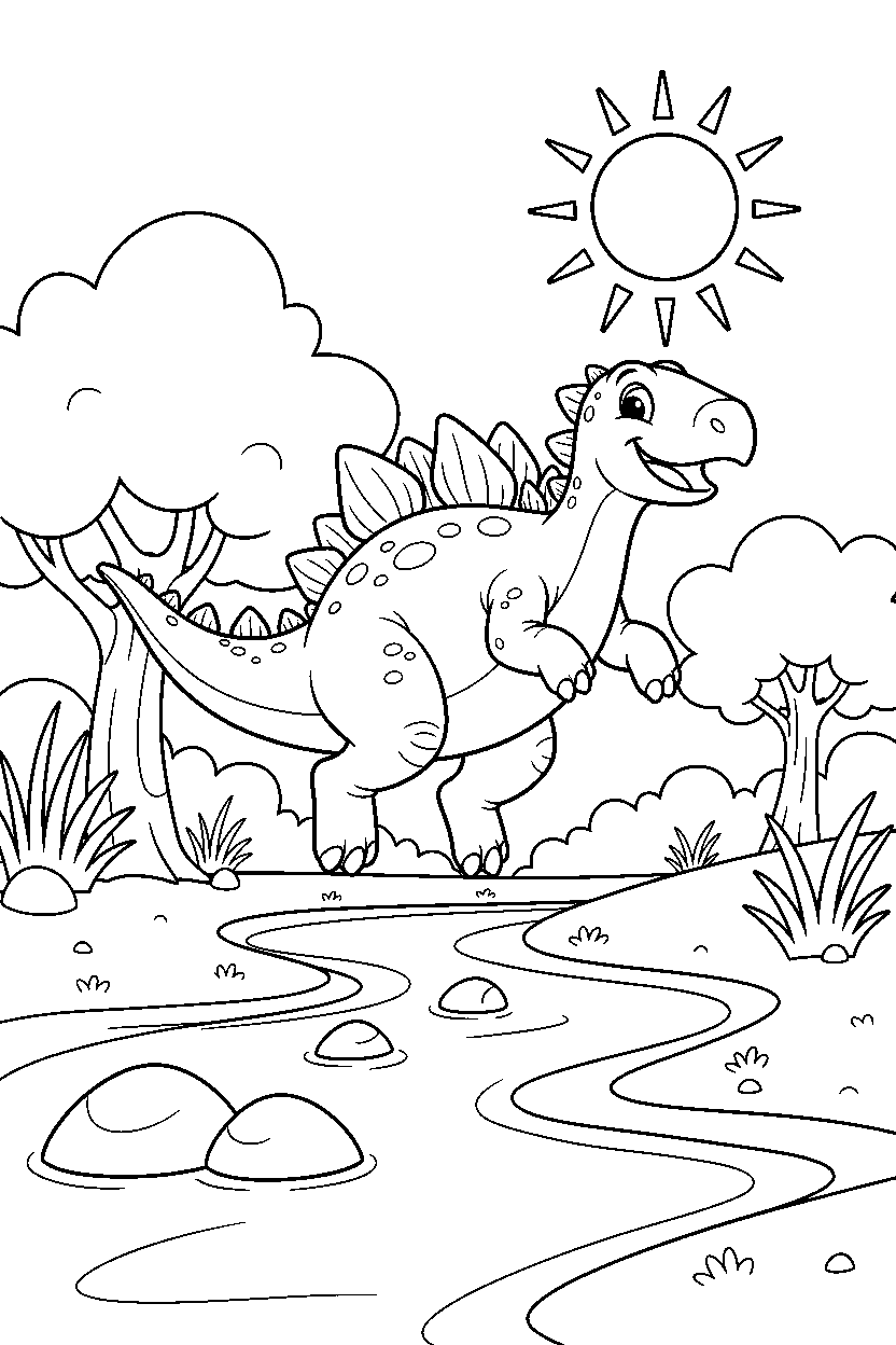 kentrosaurus jumping playfully beside a shallow stream line art