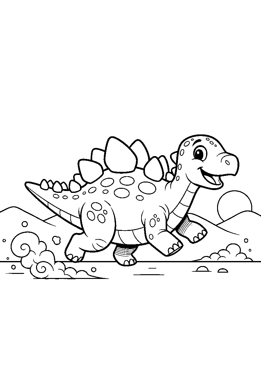 kentrosaurus running happily on a dusty plain line art