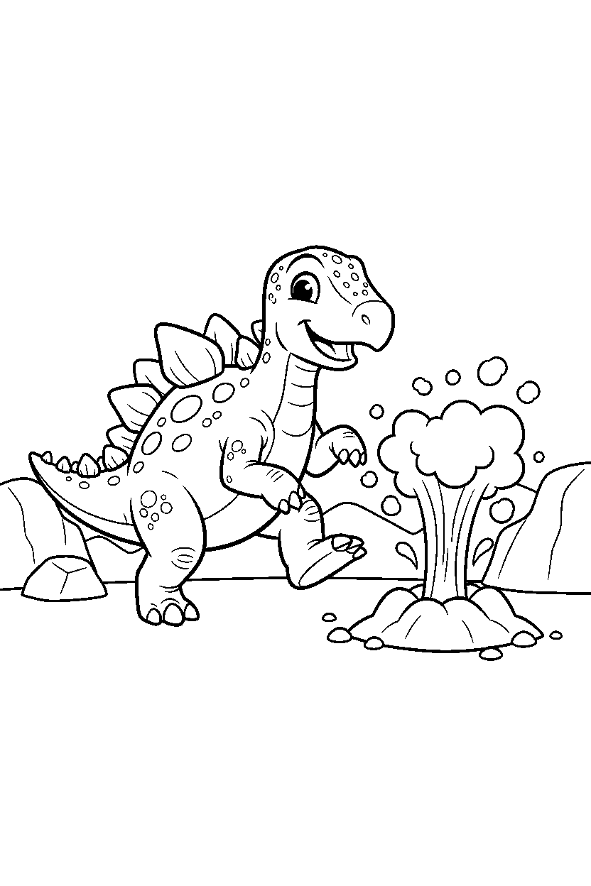 kentrosaurus stomping playfully near a bubbling geyser line art