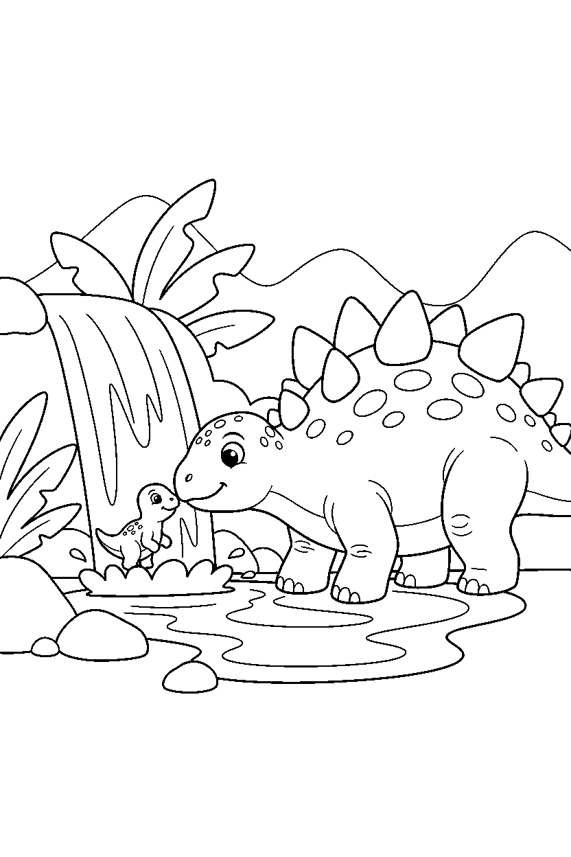 kentrosaurus taking care of a baby dino near a waterfall line art