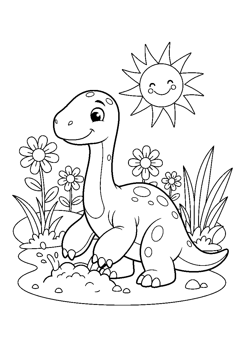 maiasaura dinosaur digging the ground in a sunny meadow line art