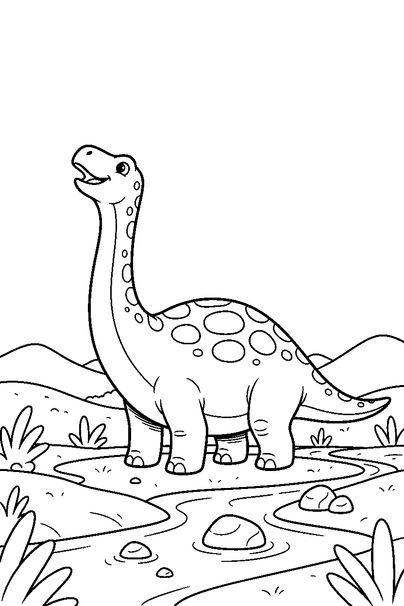 maiasaura dinosaur sniffing the air beside a shallow stream line art