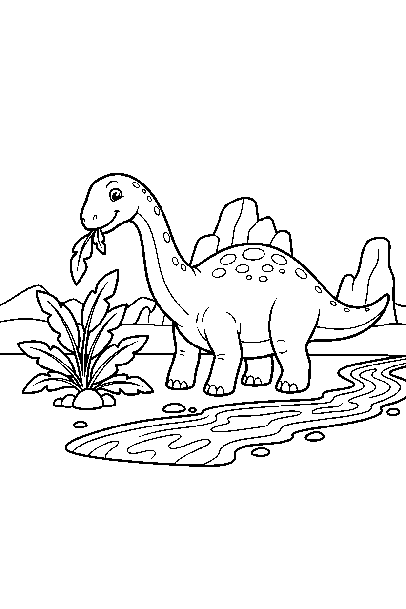 maiasaura eating a plant near a lava stream line art
