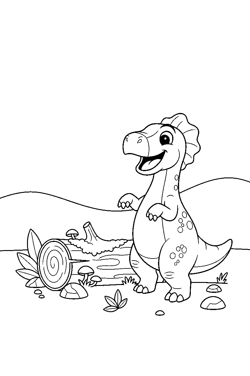maiasaura posing happily near a fallen log line art