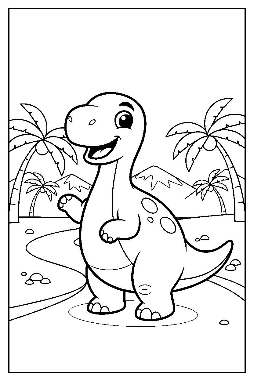 maiasaura posing happily on a dirt path line art