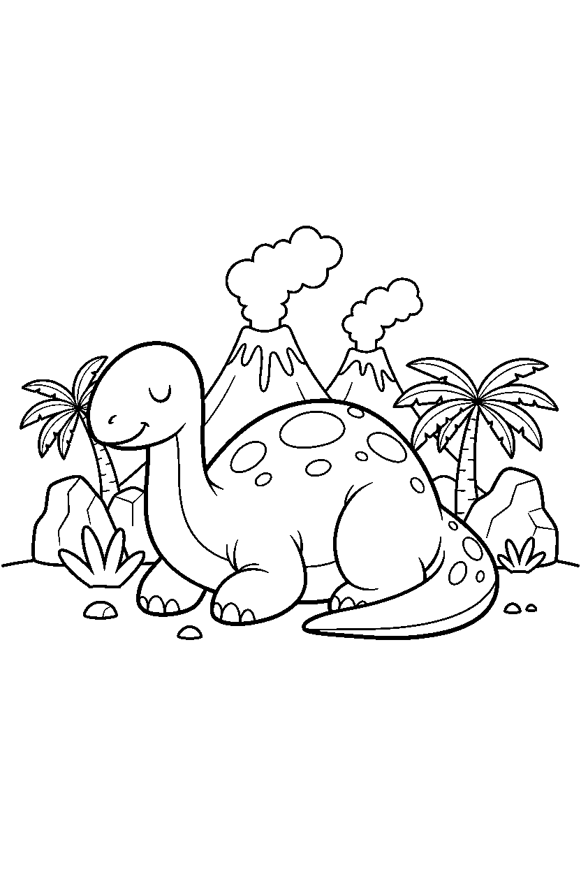 maiasaura resting calmly near a volcanic field line art