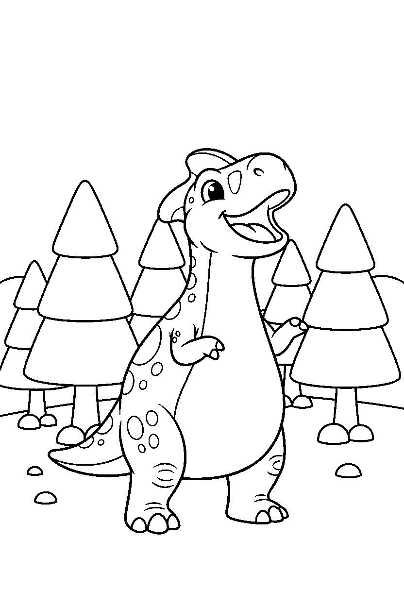 maiasaura roaring happily in a pine forest line art