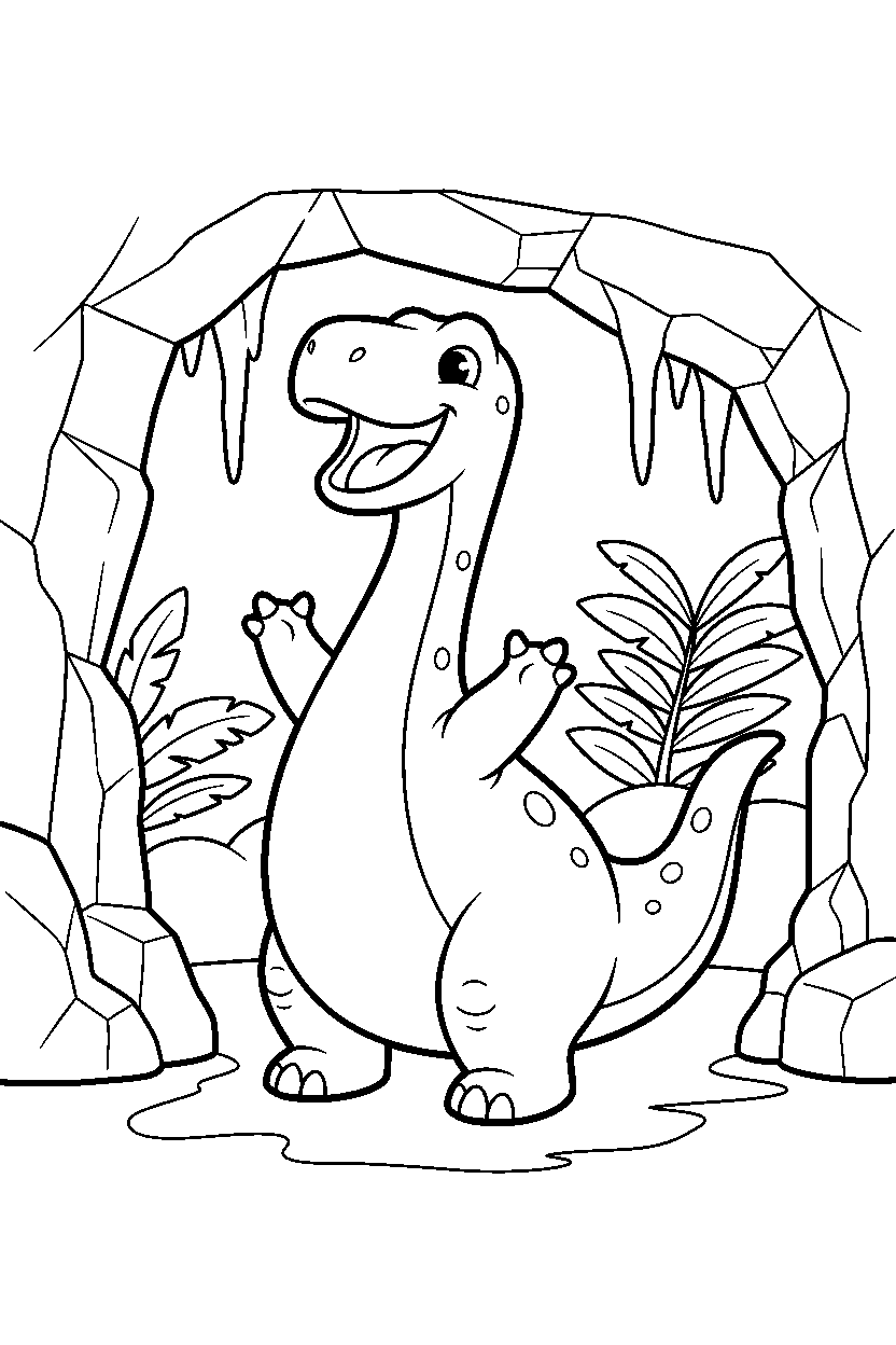 maiasaura roaring happily inside a dinosaur cave line art