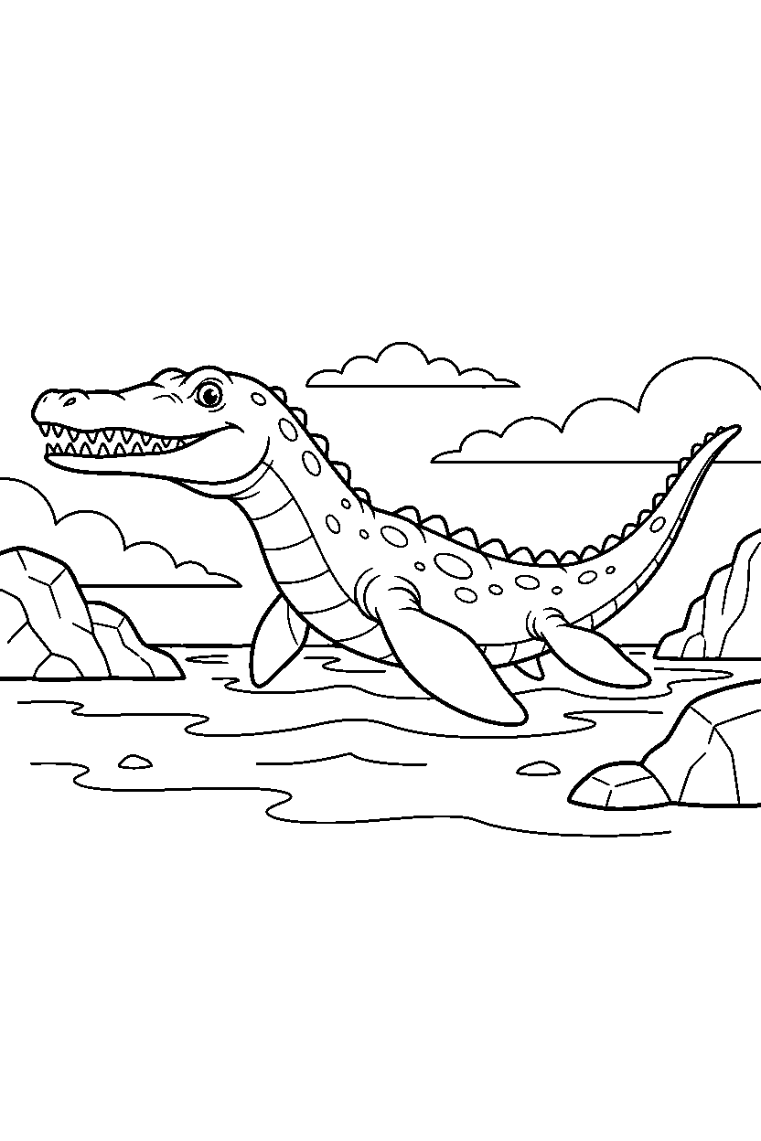 mosasaurus moving forward on a rocky shore line art