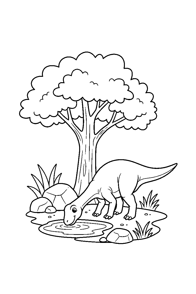 oviraptor dinosaur drinking water near a big tree line art