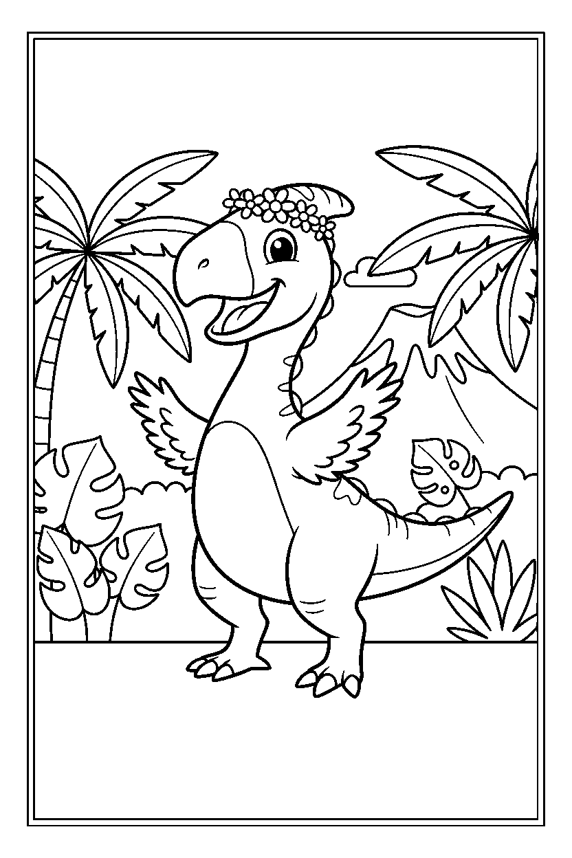 oviraptor dinosaur posing happily in a prehistoric jungle line art