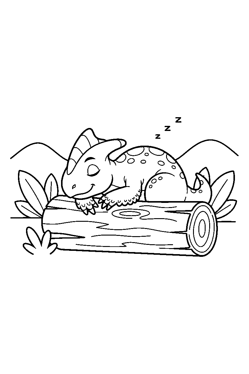 oviraptor dinosaur sleeping peacefully near a fallen log line art