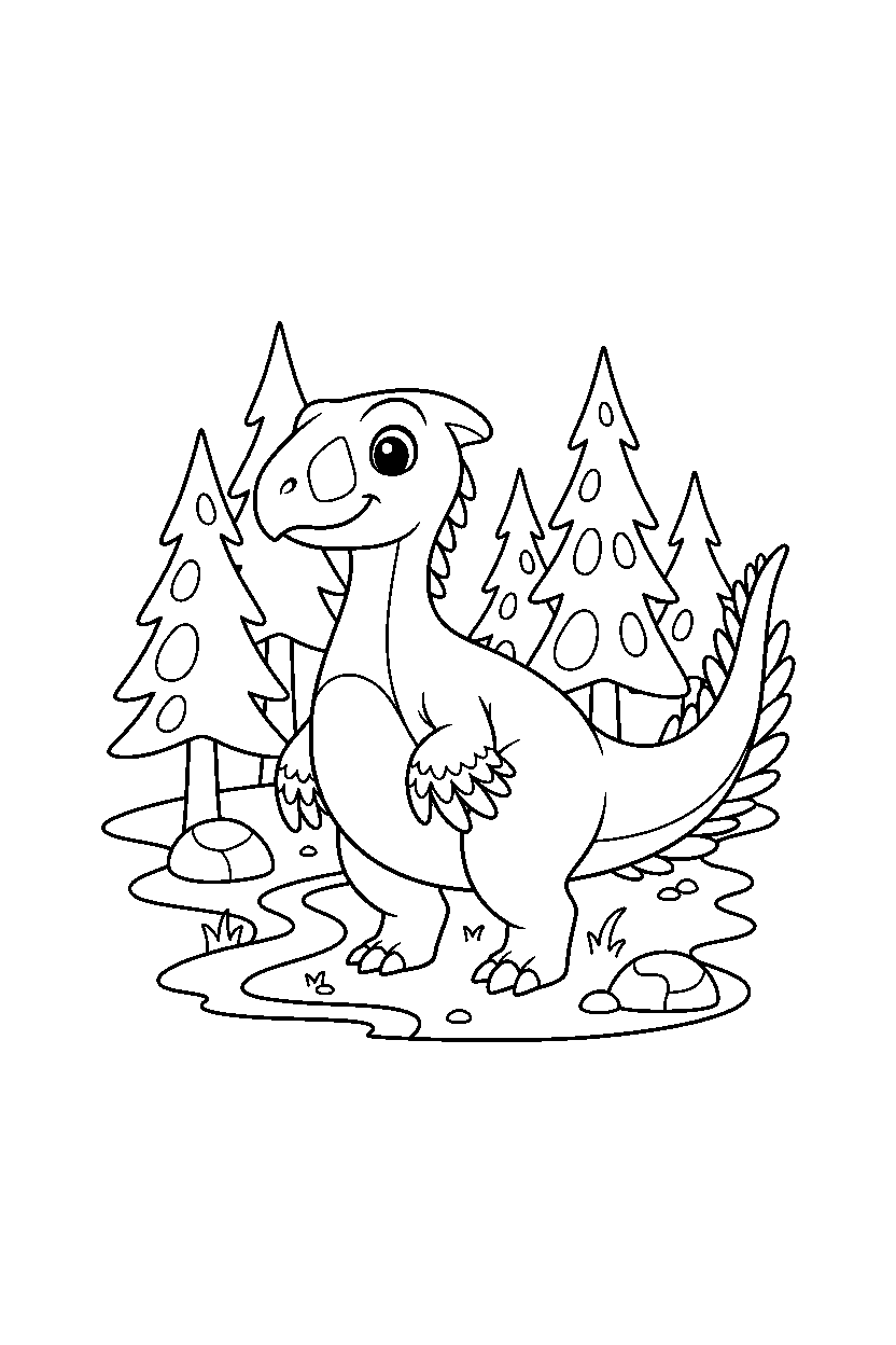 oviraptor standing calmly in a pine forest line art