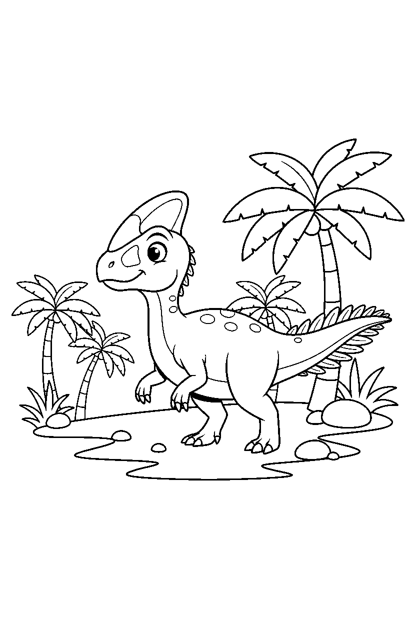 oviraptor wandering curiously in a palm grove line art