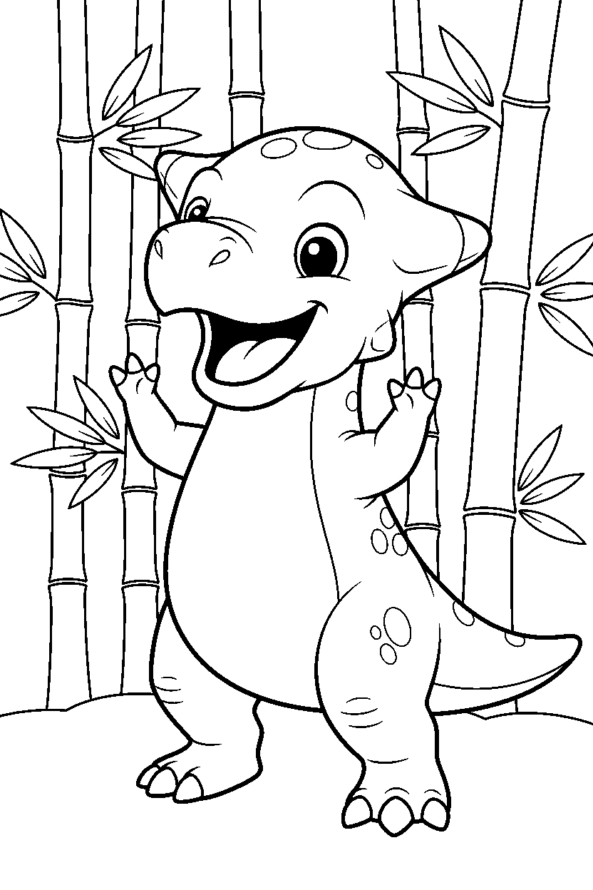 pachycephalosaurus dinosaur cheering happily in a bamboo forest line art