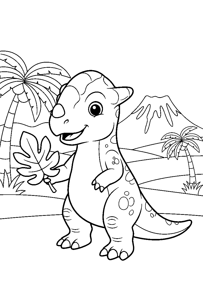 pachycephalosaurus dinosaur holding a leaf in a warm prehistoric valley line art