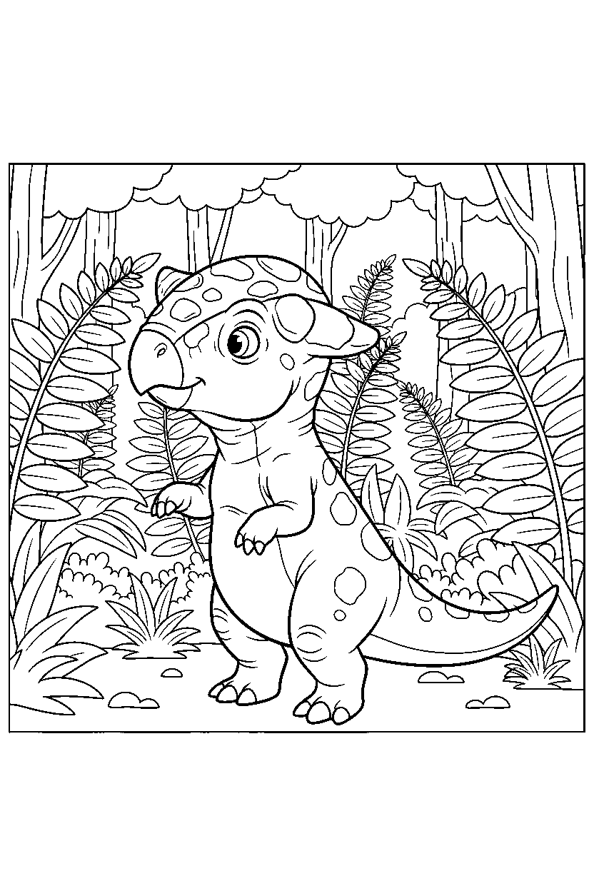 pachycephalosaurus exploring curiously in a fern forest line art