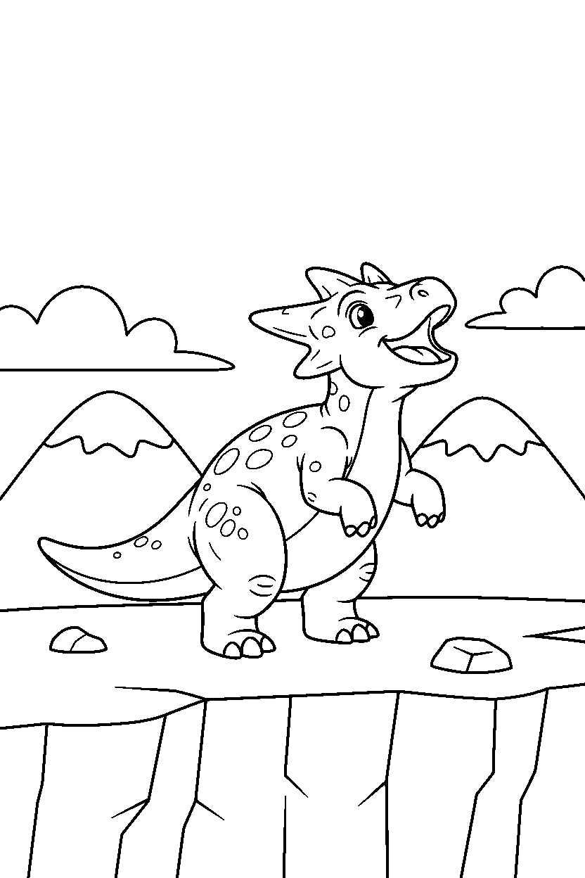 pachycephalosaurus roaring happily at a cliff edge line art