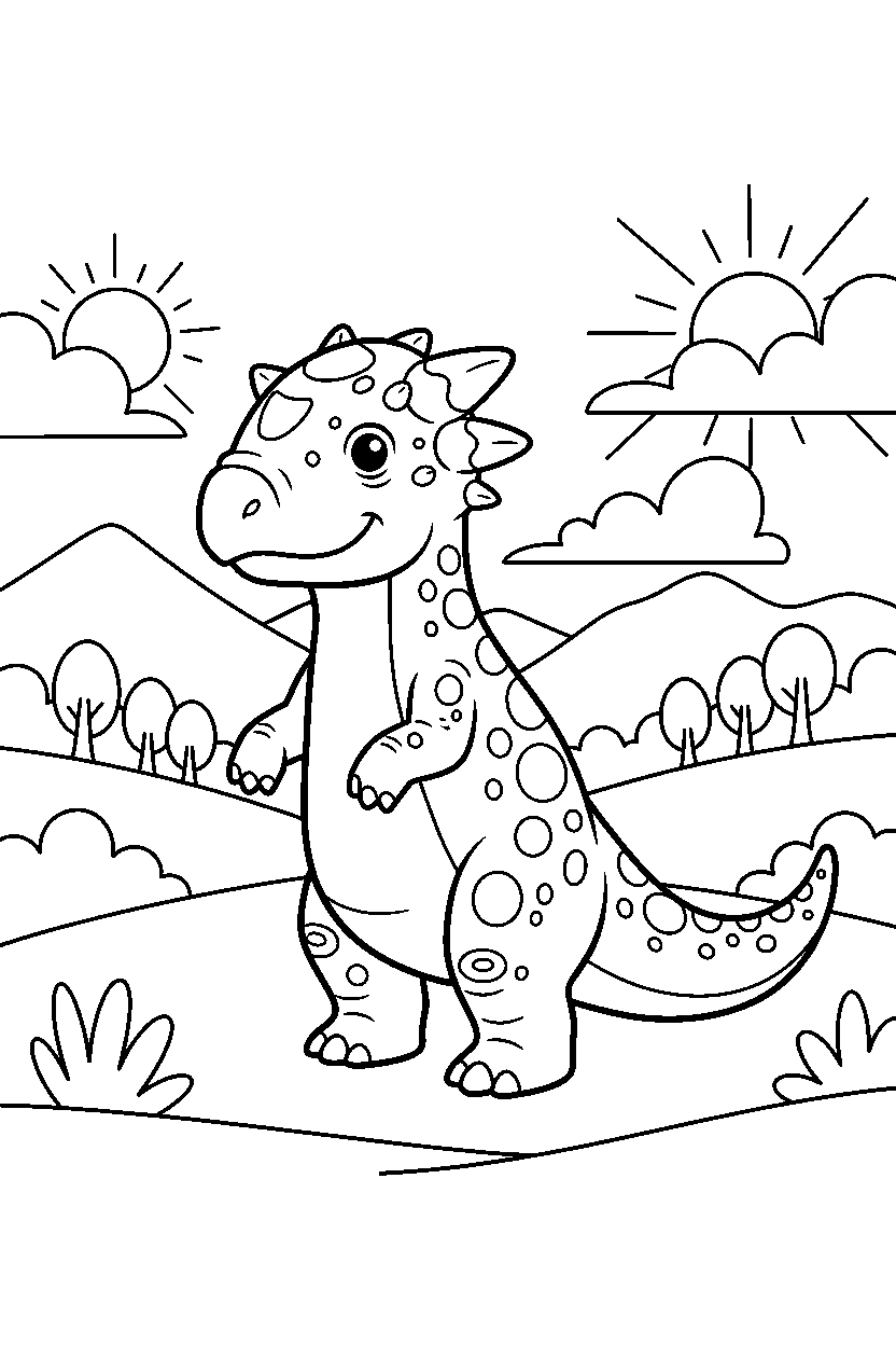 pachycephalosaurus standing tall in a wide valley line art