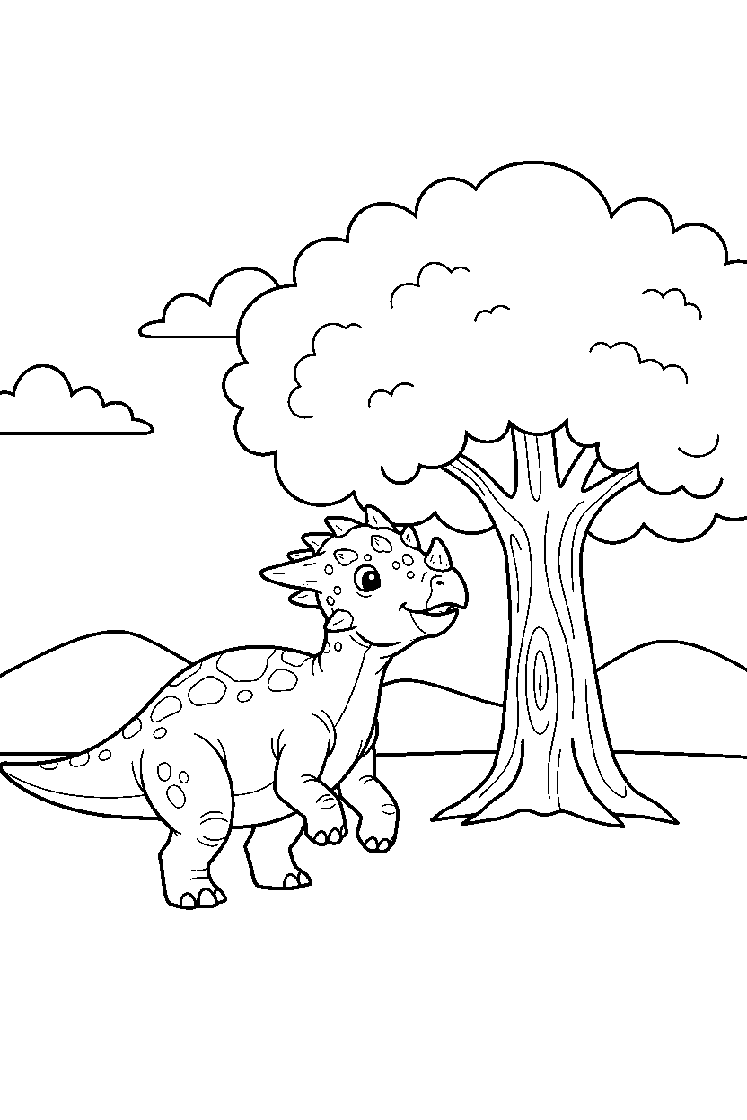 pachycephalosaurus walking proudly near a big tree line art