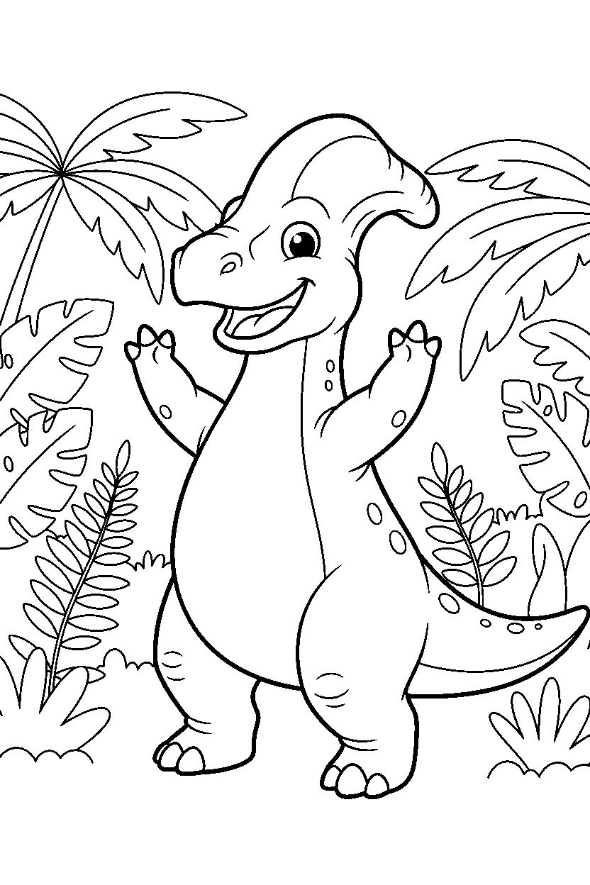 parasaurolophus dinosaur cheering happily in a rainforest line art
