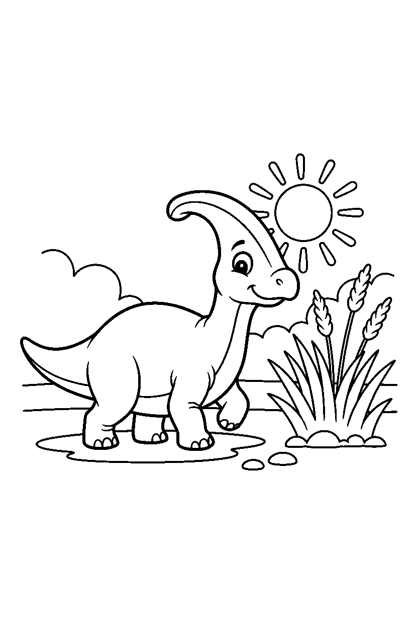parasaurolophus dinosaur exploring curiously near tall grasses line art