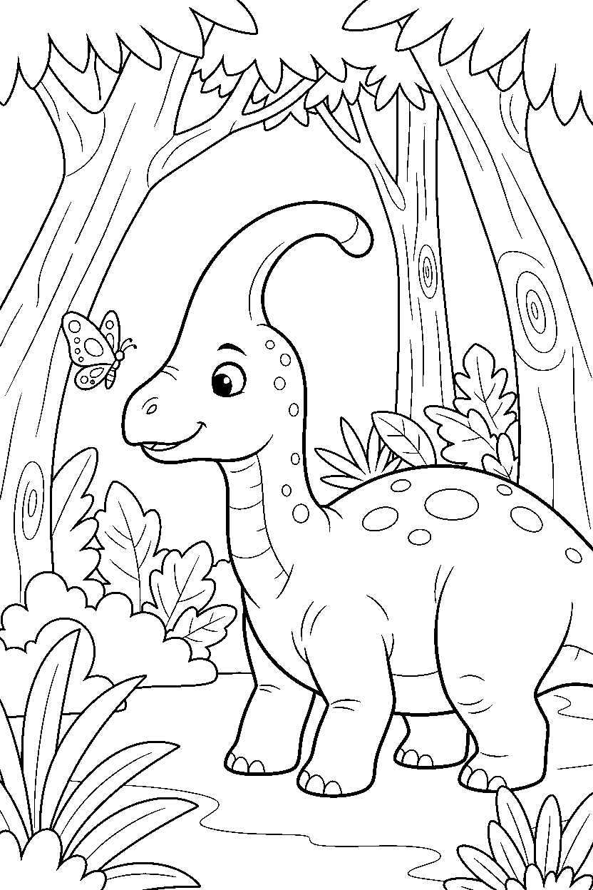 parasaurolophus dinosaur looking at a butterfly in a rainforest line art