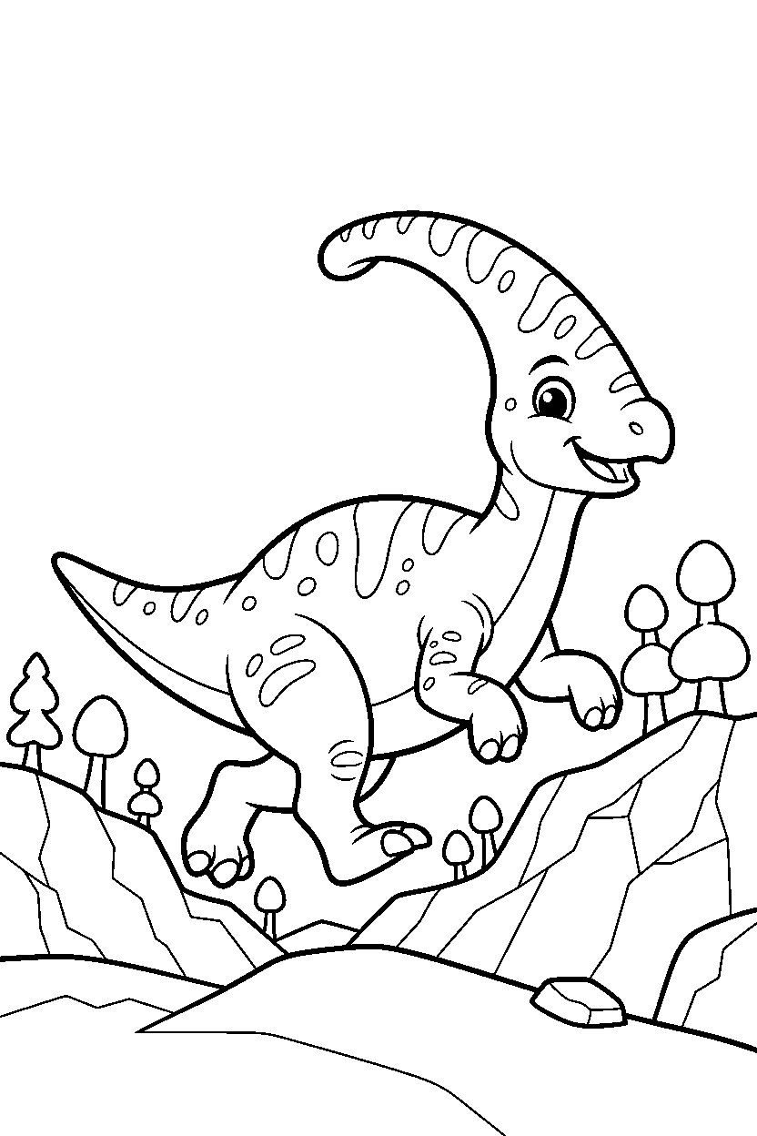 parasaurolophus dinosaur running playfully on a rocky mountain line art