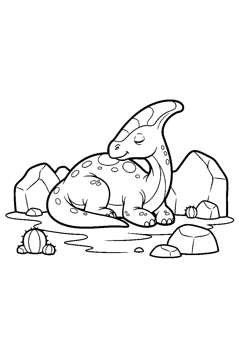 parasaurolophus dinosaur sleeping peacefully in a rocky field line art