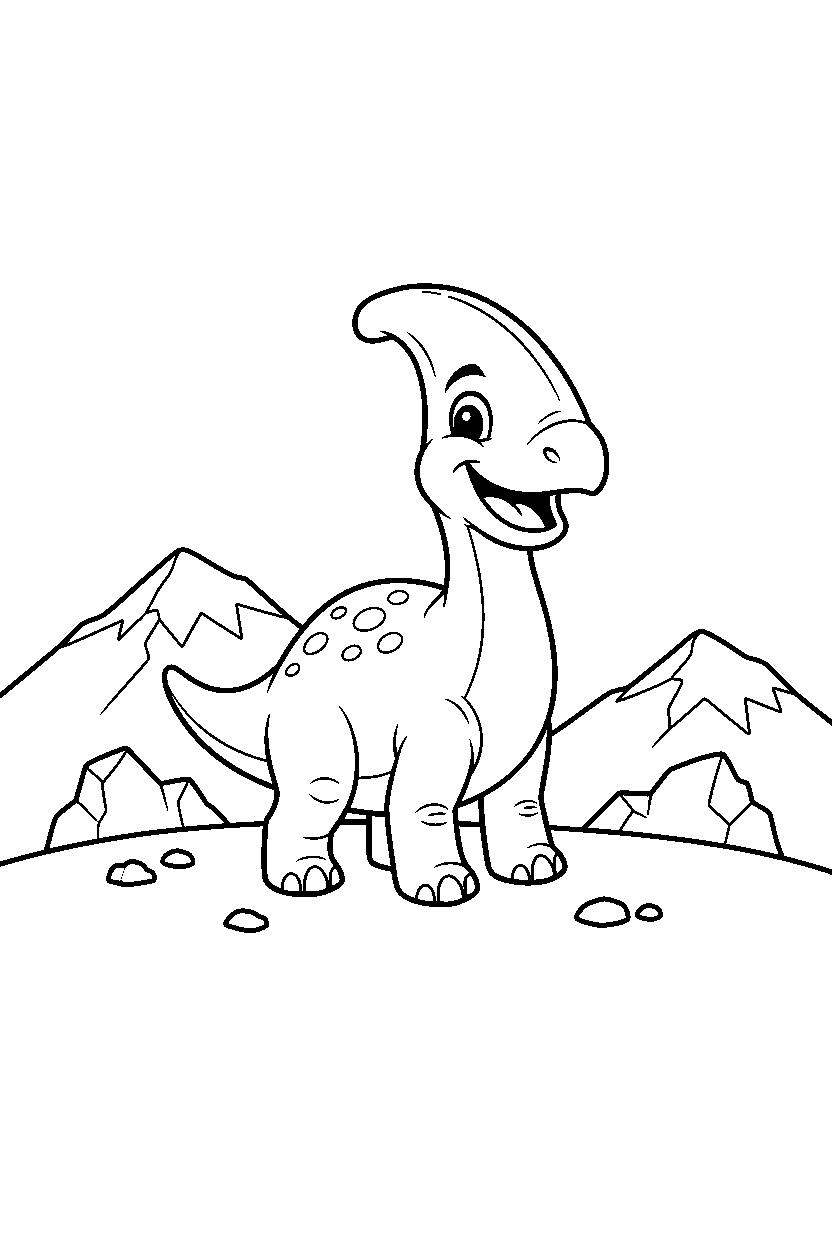 parasaurolophus dinosaur smiling happily on a rocky mountain line art