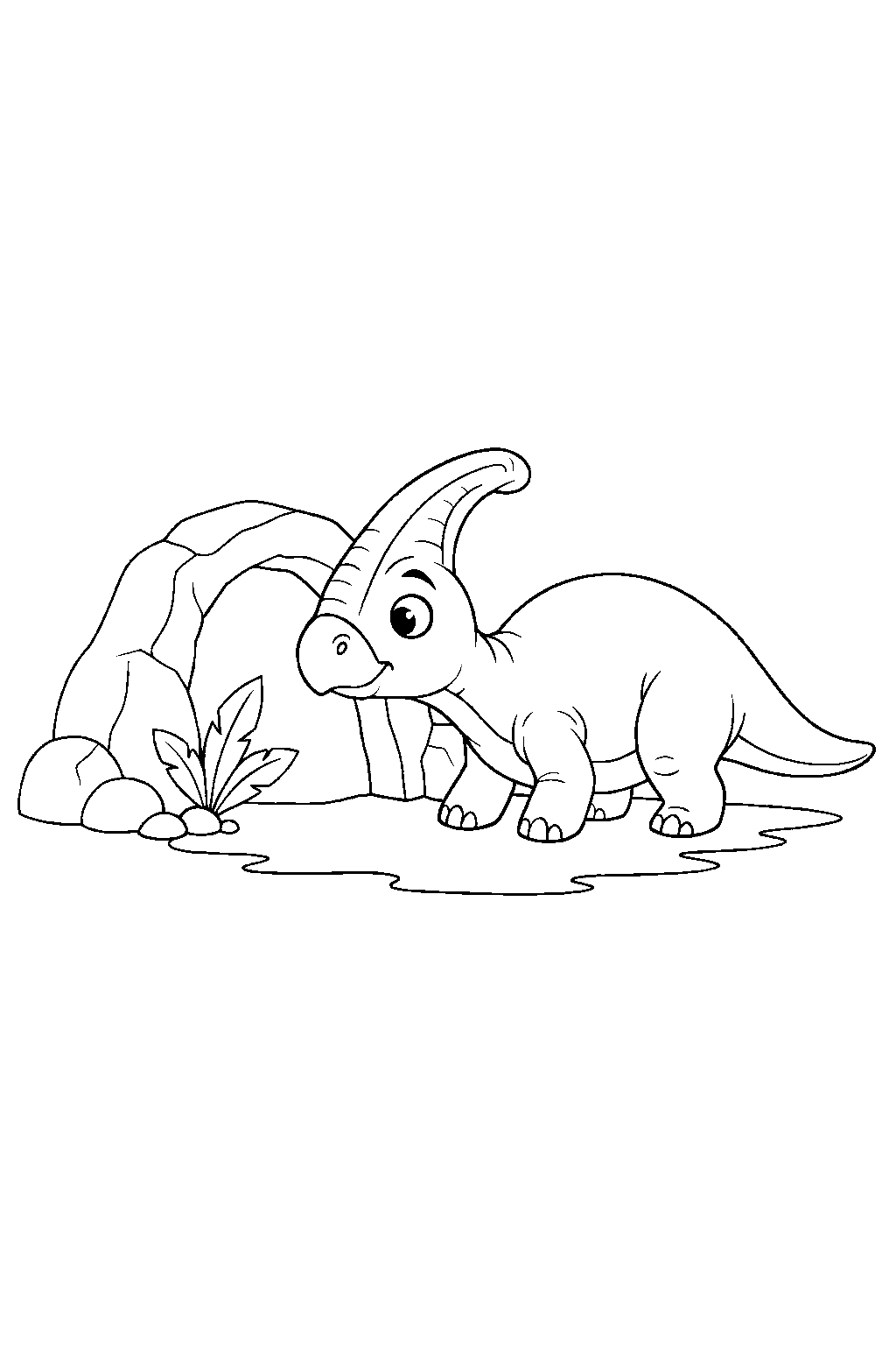 parasaurolophus exploring curiously near a cave line art