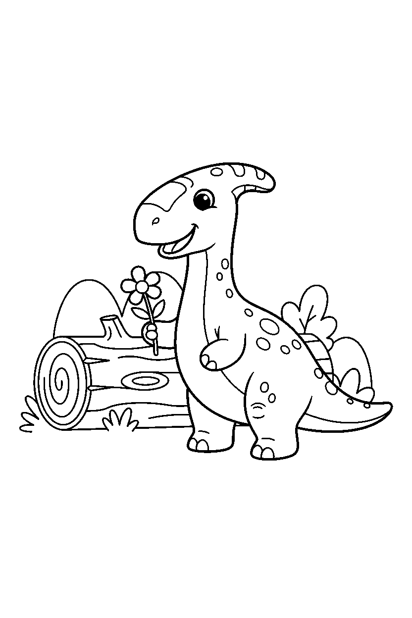 parasaurolophus holding a flower near a fallen log line art