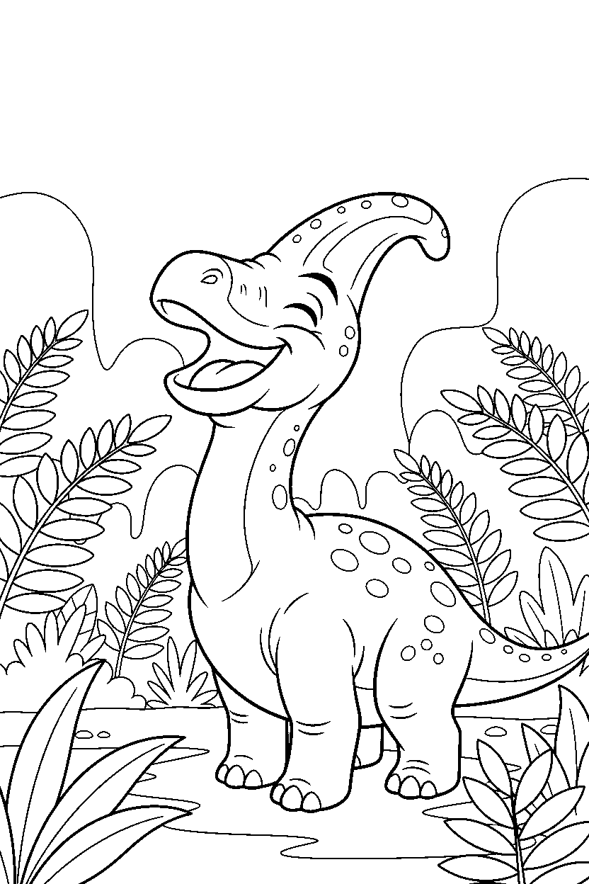 parasaurolophus laughing playfully inside a fern valley line art
