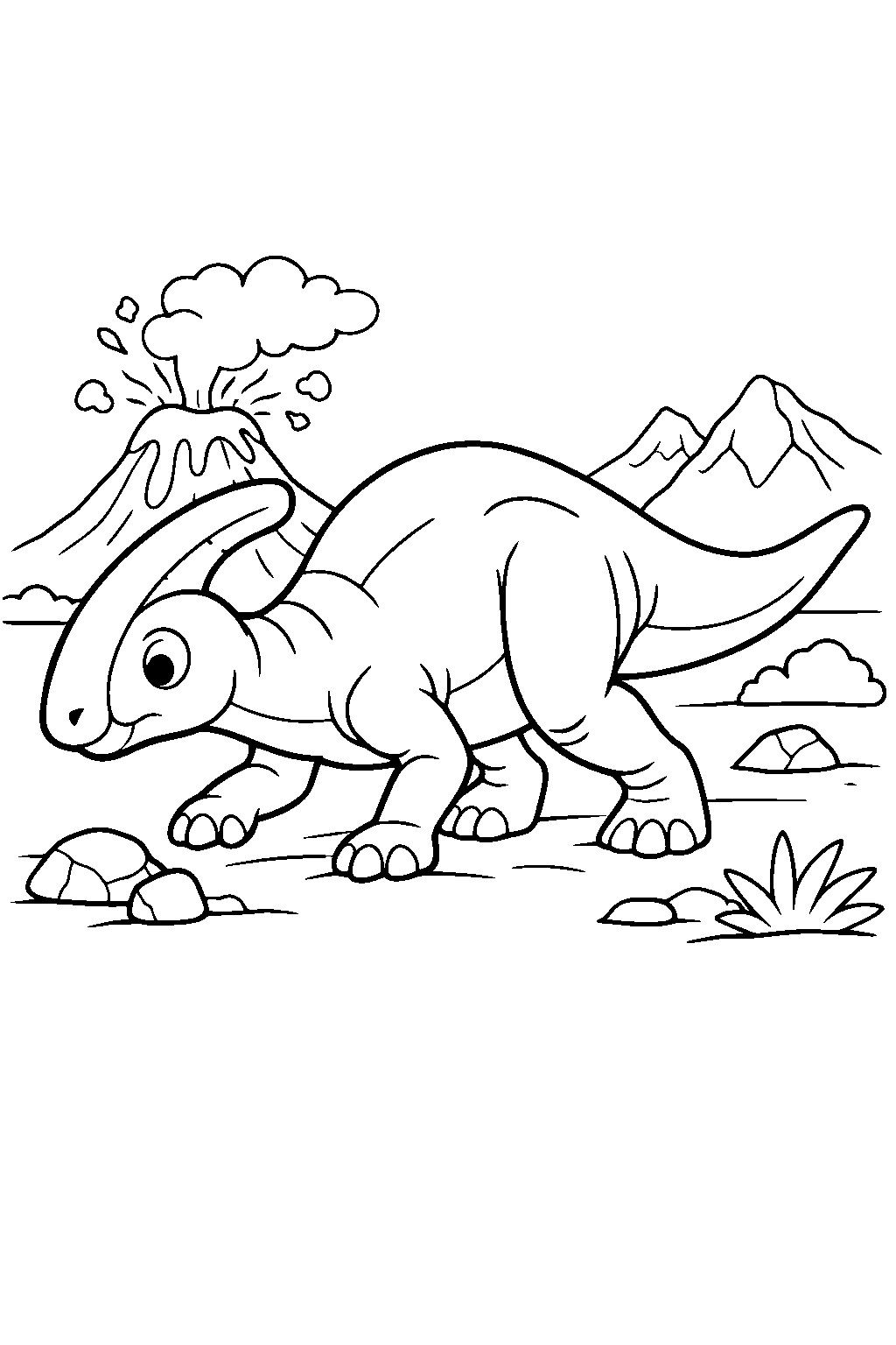 parasaurolophus moving carefully in a volcanic landscape line art