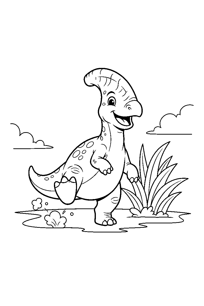 parasaurolophus stomping playfully near tall grasses line art
