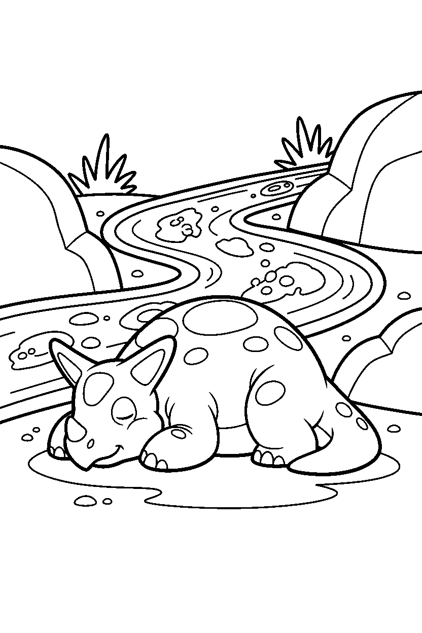 protoceratops dinosaur sleeping peacefully near a lava stream line art