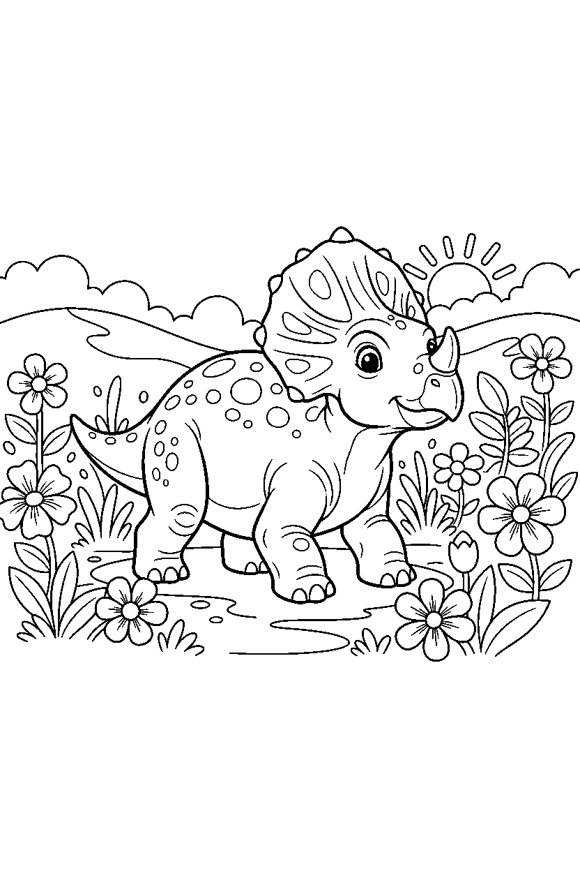 protoceratops dinosaur wandering curiously in a flower field line art