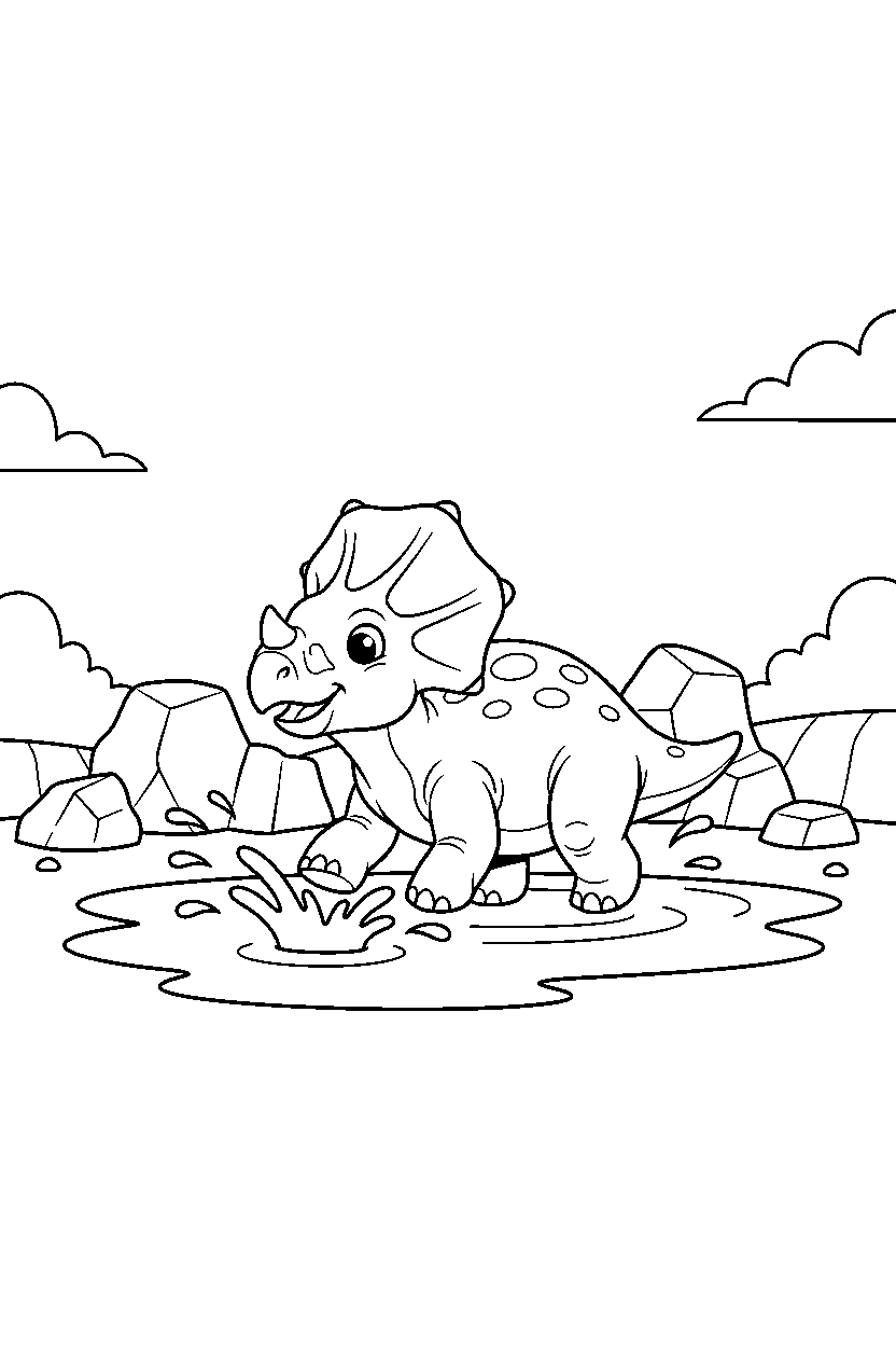 protoceratops splashing in a puddle near a rocky ridge line art