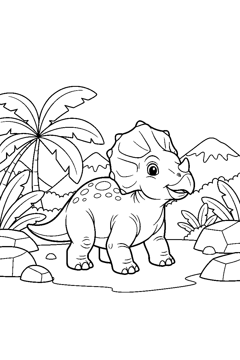 protoceratops standing calmly near a jungle clearing line art