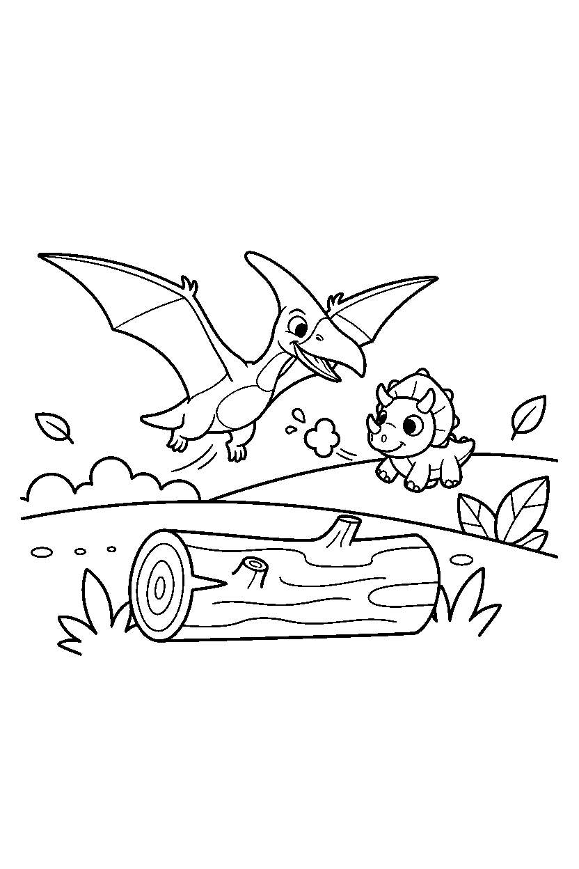 pteranodon chasing a toy near a fallen log line art