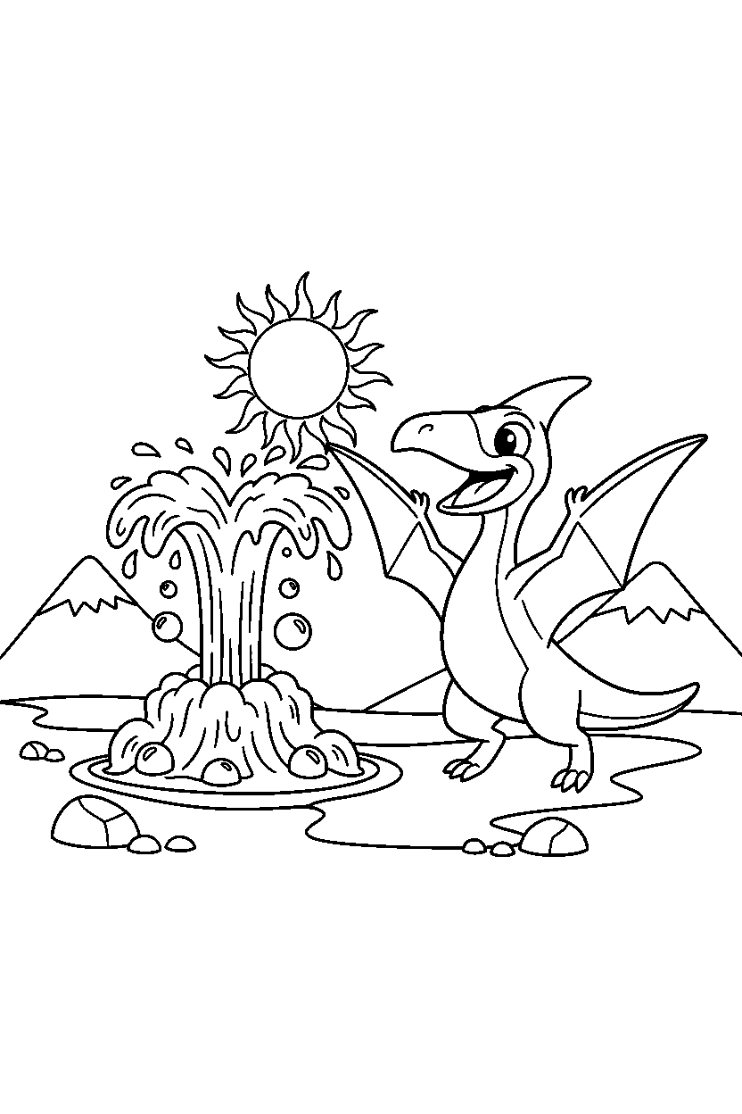 pteranodon cheering happily near a bubbling geyser line art
